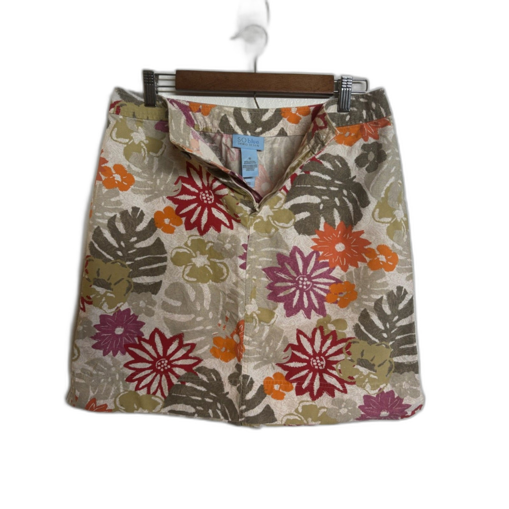 Sigrid Olsen Floral A-Line Skirt in Beige with Orange, Olive & Purple Accents